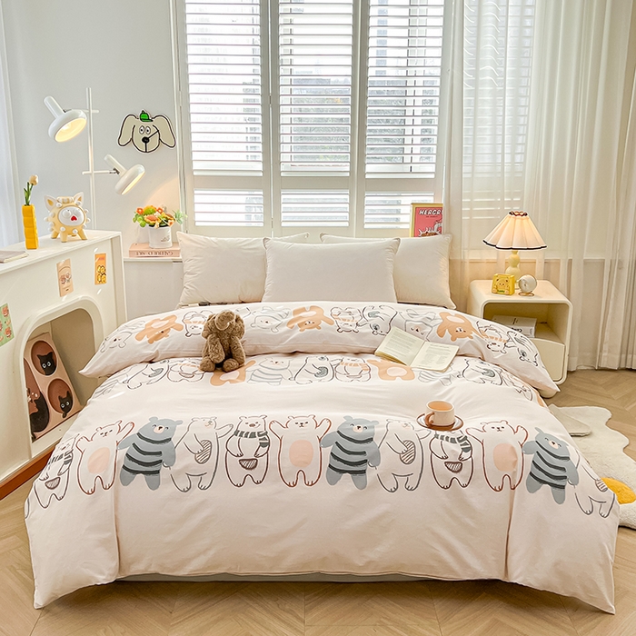 91家纺网 家纺一手货源 找家纺 名优家纺 2026新款60S13374高支密全棉印花纯色四件套 熊派对-米