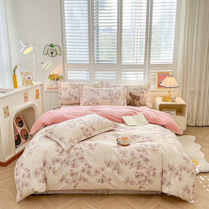 91家纺网 家纺一手货源 找家纺 名优家纺 2026新款60S13374高支密全棉印花纯色四件套 春日序-紫