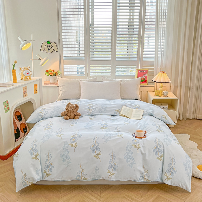 91家纺网 家纺一手货源 找家纺 名优家纺 2026新款60S13374高支密全棉印花纯色四件套 绣花仙-蓝