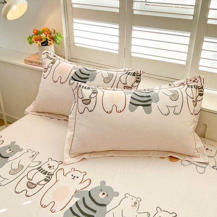 91家纺网 家纺一手货源 找家纺 名优家纺 2026新款60S13374高支密全棉印花纯色四件套 熊派对-米