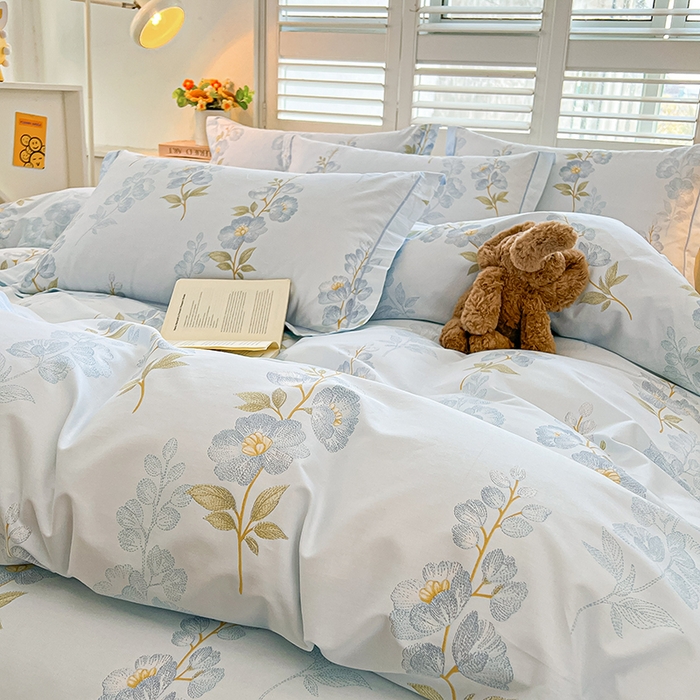 91家纺网 家纺一手货源 找家纺 名优家纺 2026新款60S13374高支密全棉印花纯色四件套 绣花仙-蓝