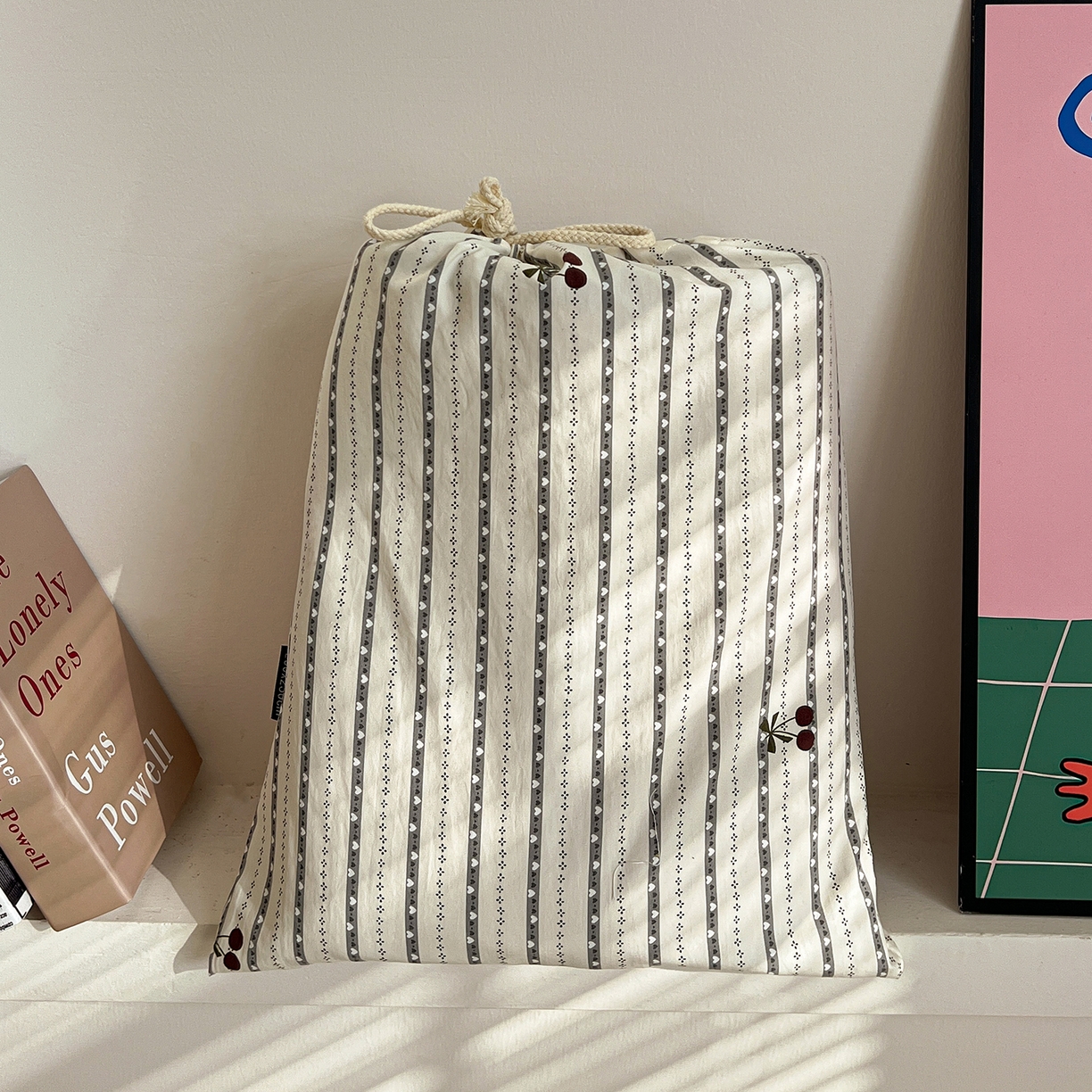 91家纺网 家纺一手货源 找家纺 水墨江南 2026新款加厚仿棉古法水洗棉小布袋款印花四件套 条纹樱桃