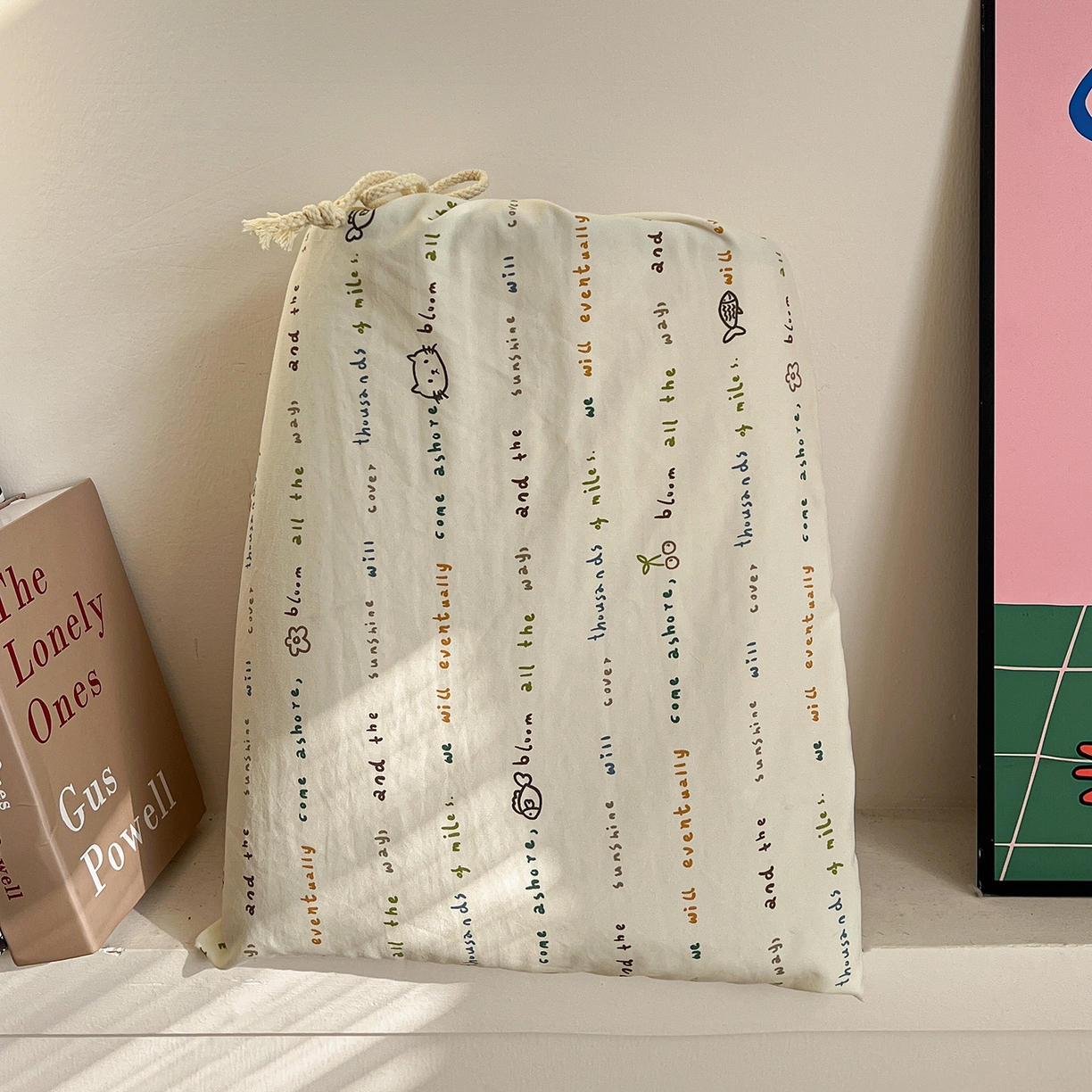 91家纺网 家纺一手货源 找家纺 水墨江南 2026新款加厚仿棉古法水洗棉小布袋款印花四件套 小猫钓鱼