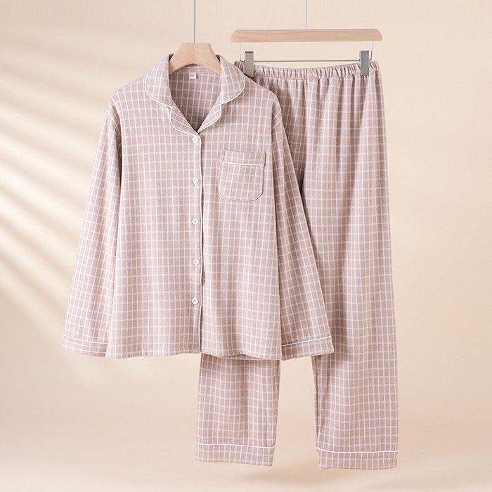 （总）洛兰沙家居馆 2025新款秋冬保暖女士家居服素行简约格休闲舒适睡衣长袖长裤翻领弹力