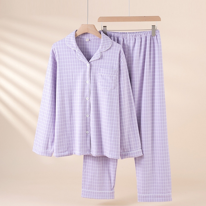 91家纺网 家纺一手货源 找家纺 （总）洛兰沙家居馆 2025新款秋冬保暖女士家居服素行简约格休闲舒适睡衣长袖长裤翻领弹力