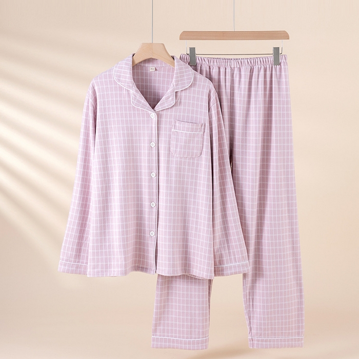 洛兰沙家居馆 2025新款秋冬保暖女士家居服素行简约格休闲舒适睡衣长袖长裤翻领弹力 粉色