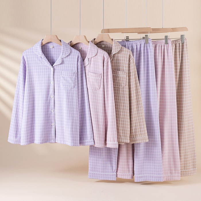 洛兰沙家居馆 2025新款秋冬保暖女士家居服素行简约格休闲舒适睡衣长袖长裤翻领弹力 组合图仅供参考不可下单