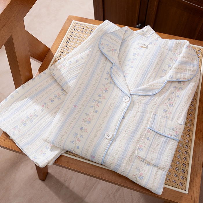 91家纺网 家纺一手货源 找家纺 （总）洛兰沙家居馆 2025新款双层绉纱棉纱卡通系列女士家居服睡衣长袖长裤透气舒适四季款纯棉