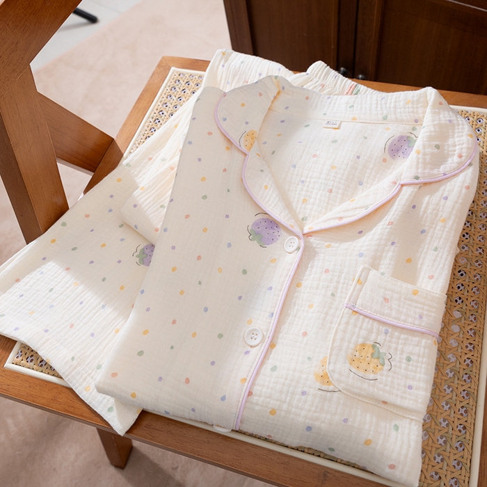 91家纺网 家纺一手货源 找家纺 （总）洛兰沙家居馆 2025新款双层绉纱棉纱卡通系列女士家居服睡衣长袖长裤透气舒适四季款纯棉