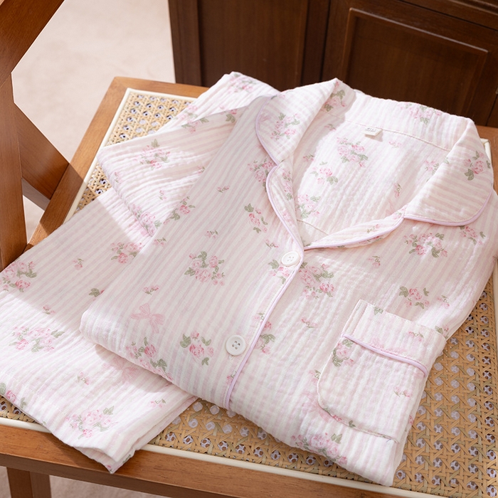 91家纺网 家纺一手货源 找家纺 （总）洛兰沙家居馆 2025新款双层绉纱棉纱卡通系列女士家居服睡衣长袖长裤透气舒适四季款纯棉