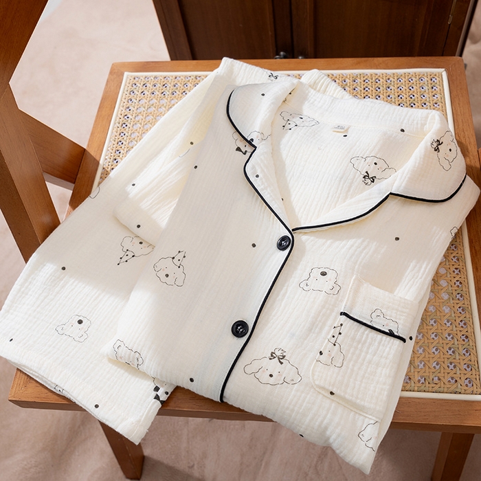 91家纺网 家纺一手货源 找家纺 洛兰沙家居馆 2025新款双层绉纱棉纱卡通系列女士家居服睡衣长袖长裤透气舒适四季款纯棉 棉朵小狗