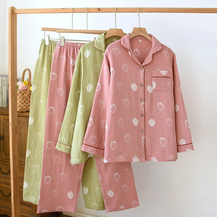 洛兰沙家居馆 2025新款全棉大提花双层纱女士家居服睡衣长袖长裤套装色织翻领款四季可穿 组合图仅供展示不可下单