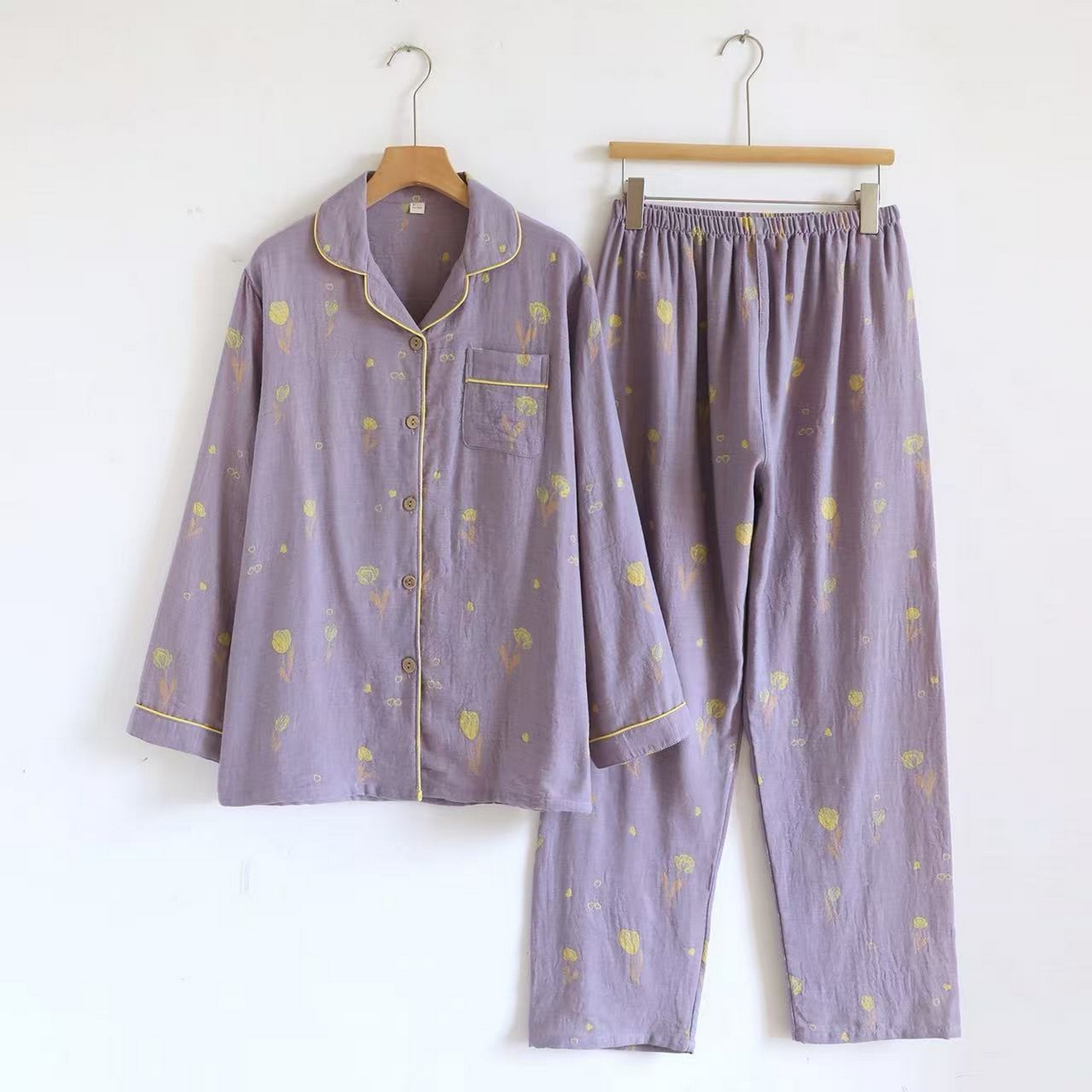 洛兰沙家居馆 2025新款全棉大提花双层纱女士家居服睡衣长袖长裤套装色织翻领款四季可穿 紫色郁金香-长袖长裤套装