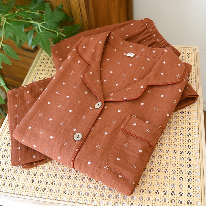 洛兰沙家居馆 2025新款全棉大提花双层纱女士家居服睡衣长袖长裤套装色织翻领款四季可穿 红色小美好-长袖长裤套装