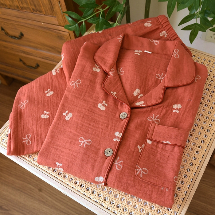 洛兰沙家居馆 2025新款全棉大提花双层纱女士家居服睡衣长袖长裤套装色织翻领款四季可穿 樱桃蝴蝶结-长袖长裤套装