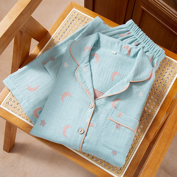 洛兰沙家居馆 2025新款全棉大提花双层纱女士家居服睡衣长袖长裤套装色织翻领款四季可穿 蓝月亮-长袖长裤套装