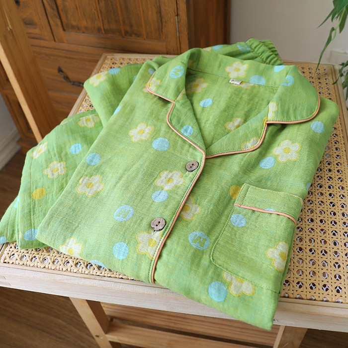 洛兰沙家居馆 2025新款全棉大提花双层纱女士家居服睡衣长袖长裤套装色织翻领款四季可穿 绿花朵-长袖长裤套装