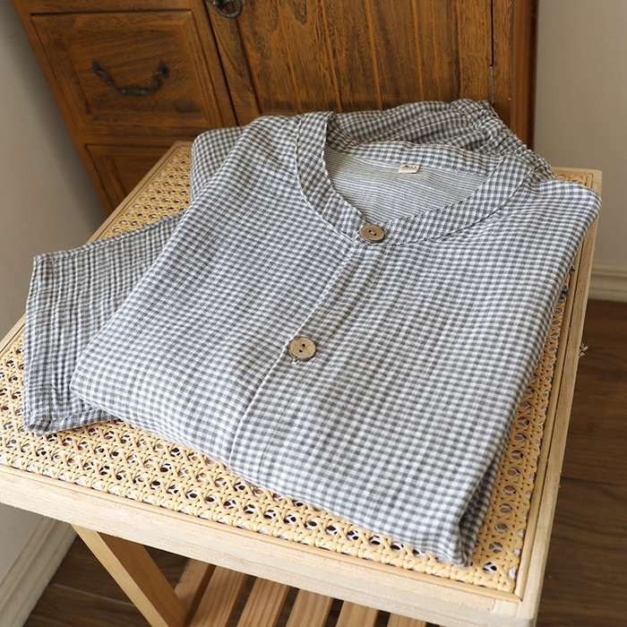 91家纺网 家纺一手货源 找家纺 （总）洛兰沙家居馆 2025新款温澜男士纯棉双层色织棉纱家居服睡衣圆领简约格子透气长袖长裤套