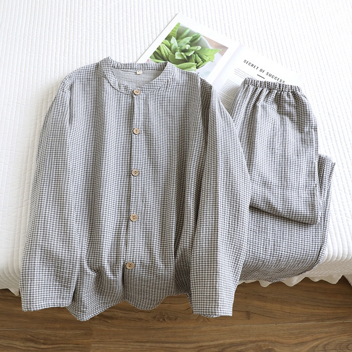 91家纺网 家纺一手货源 找家纺 （总）洛兰沙家居馆 2025新款温澜男士纯棉双层色织棉纱家居服睡衣圆领简约格子透气长袖长裤套