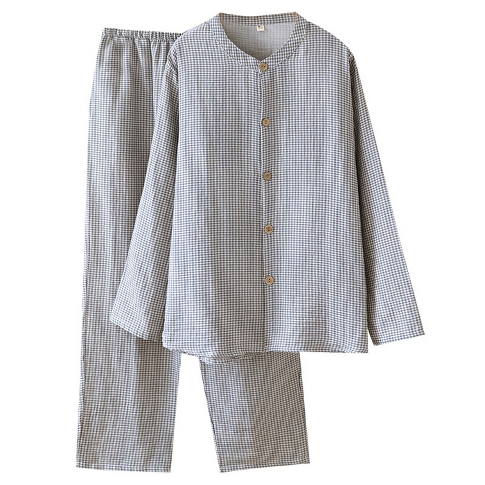 91家纺网 家纺一手货源 找家纺 （总）洛兰沙家居馆 2025新款温澜男士纯棉双层色织棉纱家居服睡衣圆领简约格子透气长袖长裤套