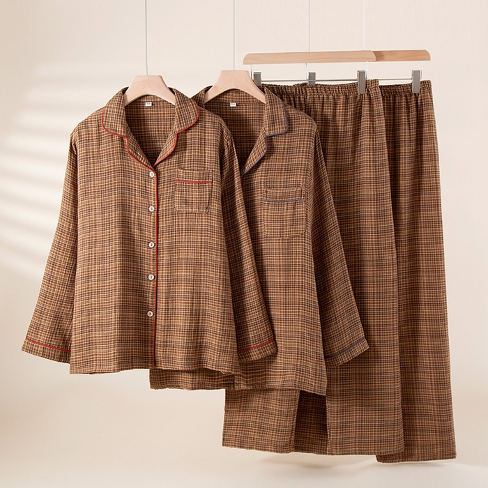 91家纺网 家纺一手货源 找家纺 （总）洛兰沙家居馆 2025新款情侣款全棉双层男女家居服简约睡衣套装长袖长裤格子简约风舒适款