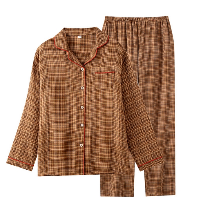 91家纺网 家纺一手货源 找家纺 （总）洛兰沙家居馆 2025新款情侣款全棉双层男女家居服简约睡衣套装长袖长裤格子简约风舒适款