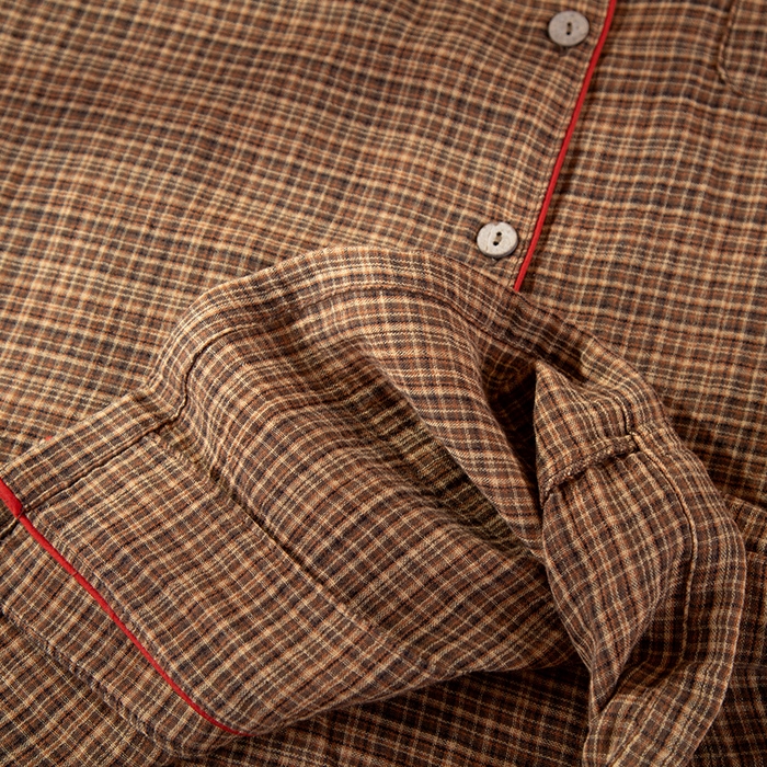 91家纺网 家纺一手货源 找家纺 洛兰沙家居馆 2025新款情侣款全棉双层男女家居服简约睡衣套装长袖长裤格子简约风舒适款 男士莫奈花园长袖长裤套装-卡其色