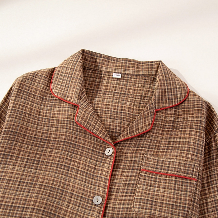 91家纺网 家纺一手货源 找家纺 洛兰沙家居馆 2025新款情侣款全棉双层男女家居服简约睡衣套装长袖长裤格子简约风舒适款 男士莫奈花园长袖长裤套装-卡其色