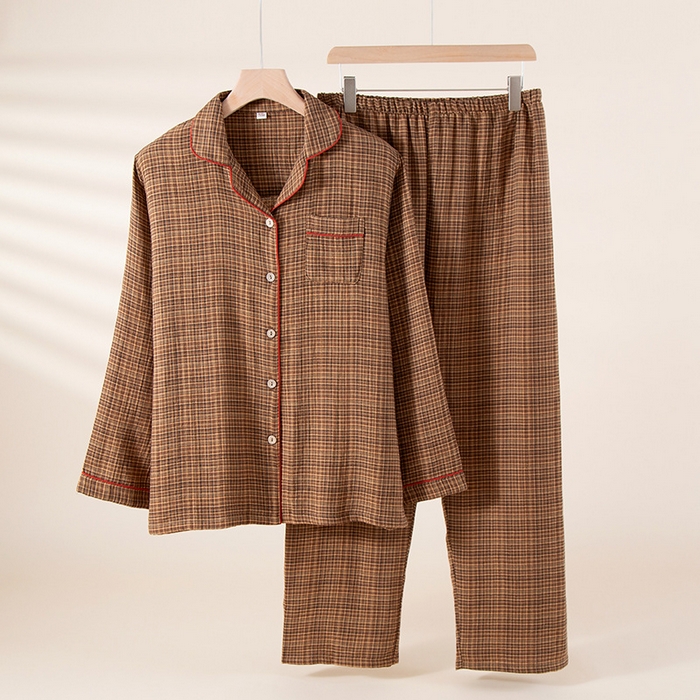 洛兰沙家居馆 2025新款情侣款全棉双层男女家居服简约睡衣套装长袖长裤格子简约风舒适款 女士莫奈花园长袖长裤套装-卡其色