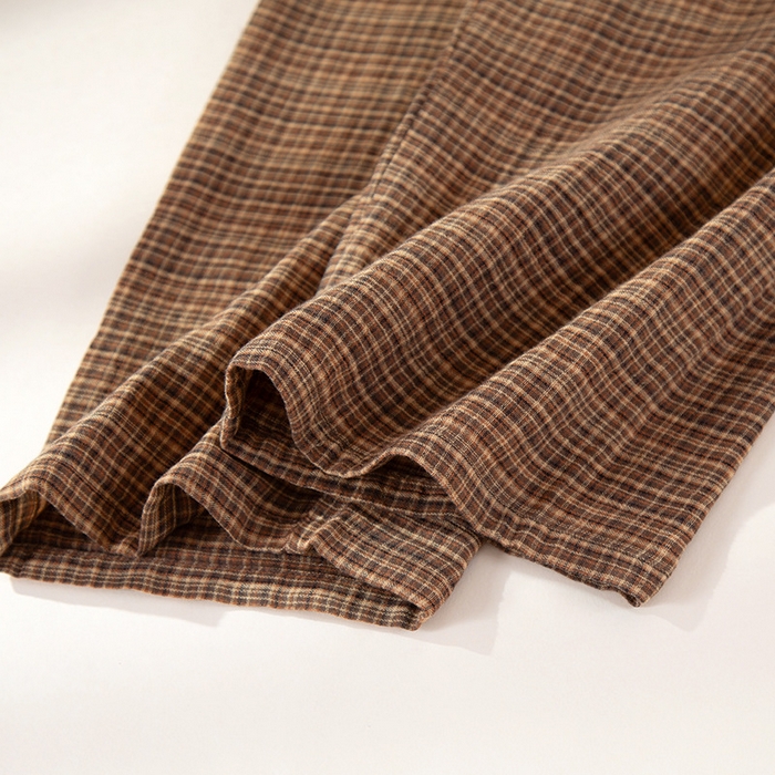 91家纺网 家纺一手货源 找家纺 洛兰沙家居馆 2025新款情侣款全棉双层男女家居服简约睡衣套装长袖长裤格子简约风舒适款 男士莫奈花园长袖长裤套装-卡其色