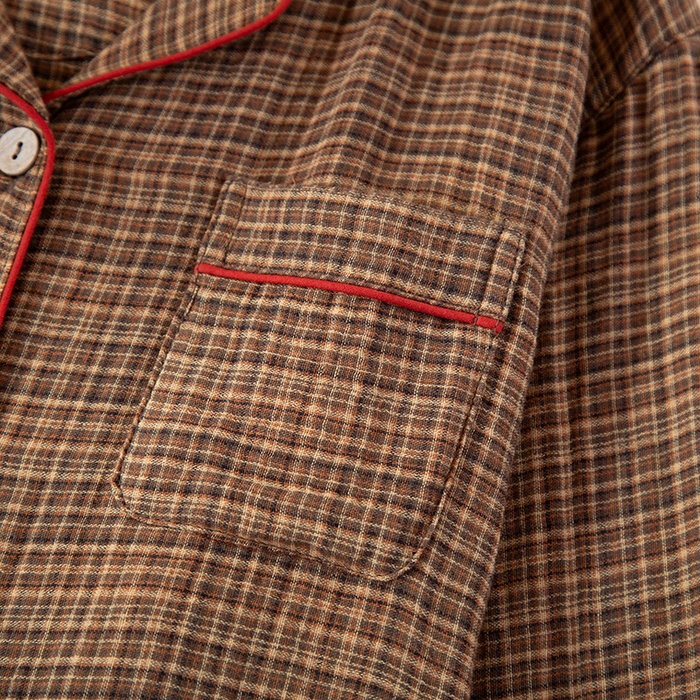 91家纺网 家纺一手货源 找家纺 洛兰沙家居馆 2025新款情侣款全棉双层男女家居服简约睡衣套装长袖长裤格子简约风舒适款 女士莫奈花园长袖长裤套装-卡其色