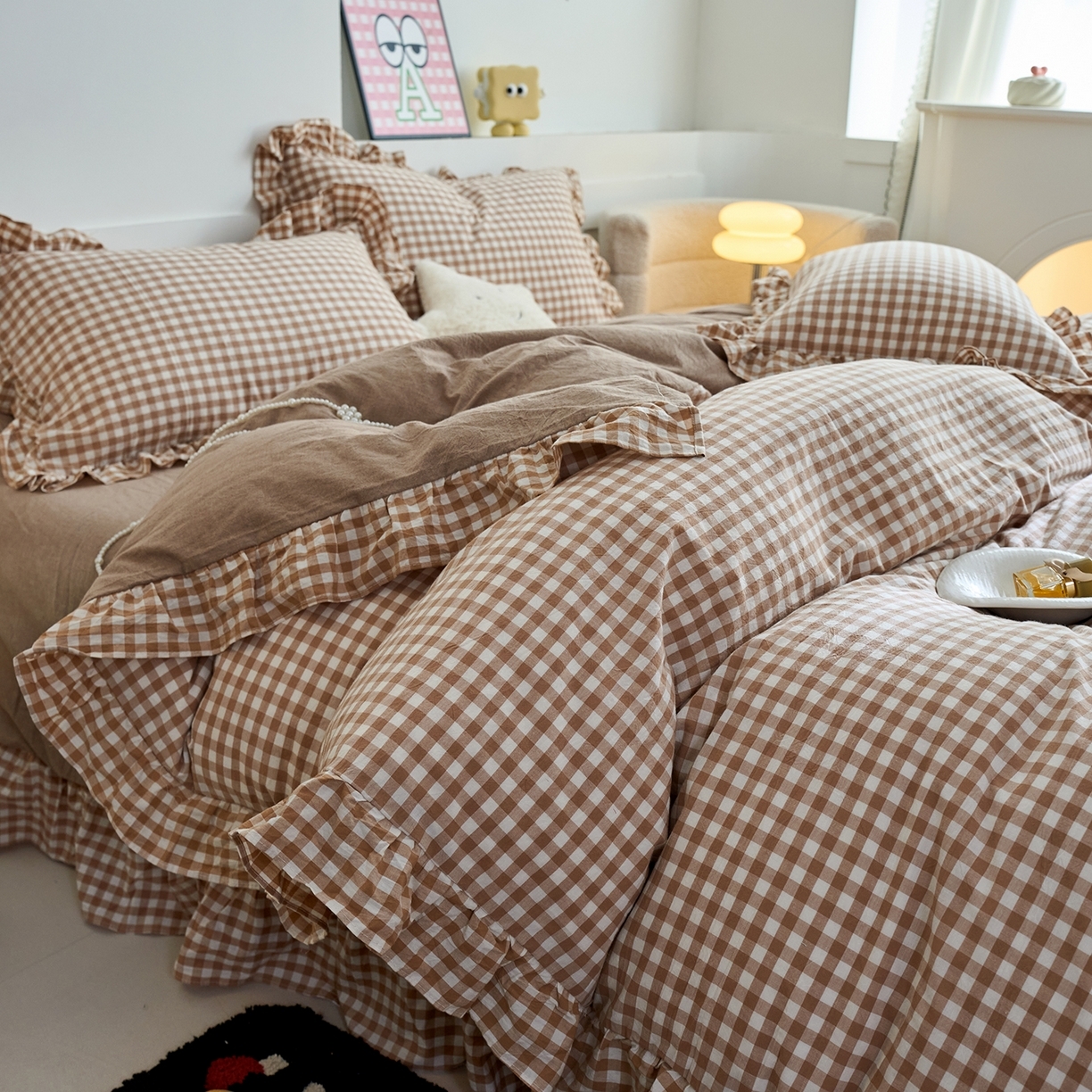 珂博家纺 2025新款韩版花边四件套纯棉全棉水洗棉四件套 咖小格