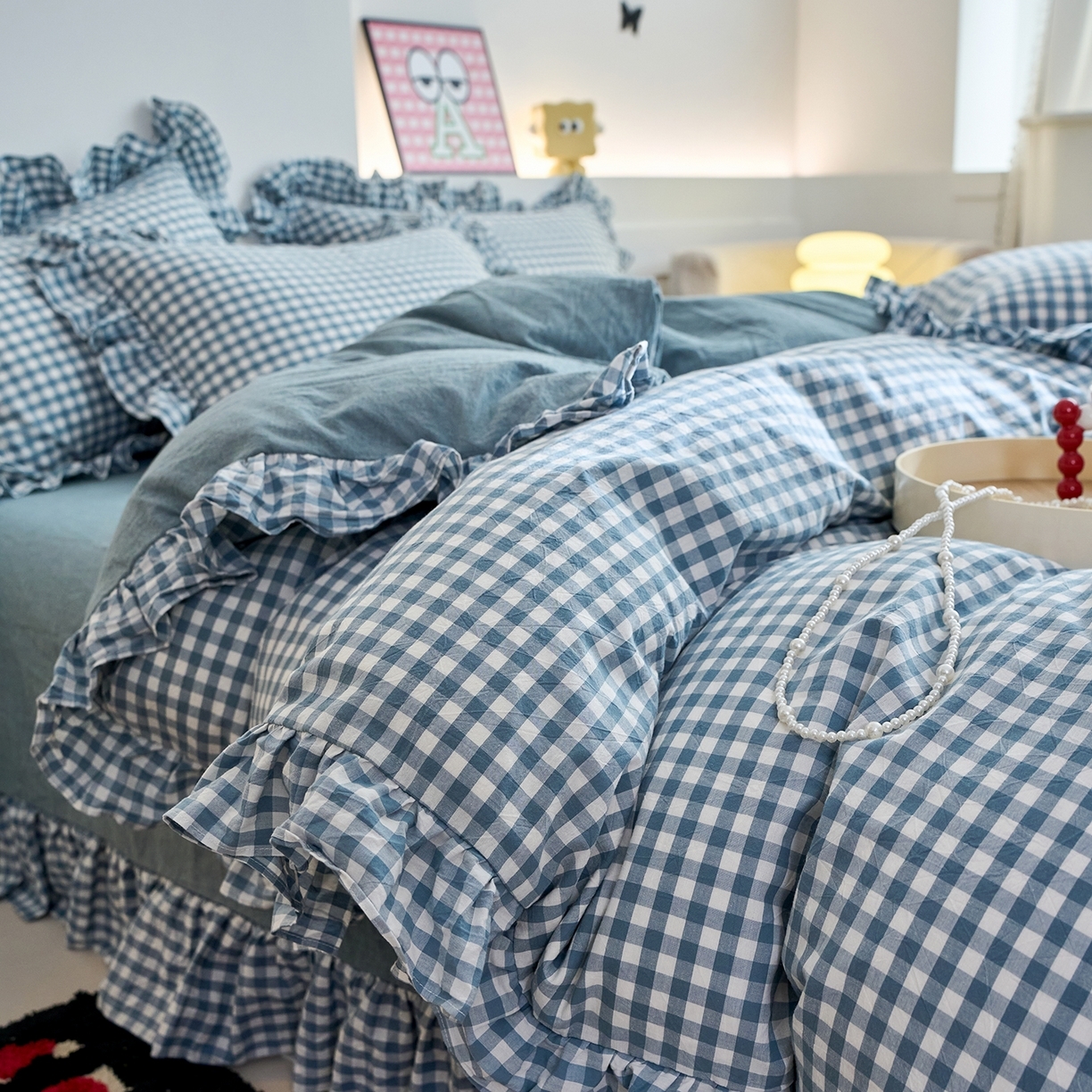 91家纺网 家纺一手货源 找家纺 珂博家纺 2025新款韩版花边四件套纯棉全棉水洗棉四件套 蓝小格