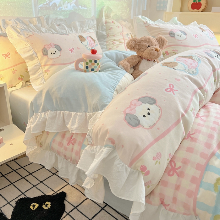 91家纺网 家纺一手货源 找家纺 （总）六巷胡同 2026春夏新款韩式INS减龄花边款全棉卡通四件套