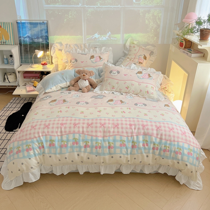 91家纺网 家纺一手货源 找家纺 （总）六巷胡同 2026春夏新款韩式INS减龄花边款全棉卡通四件套