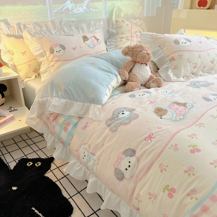 91家纺网 家纺一手货源 找家纺 （总）六巷胡同 2026春夏新款韩式INS减龄花边款全棉卡通四件套