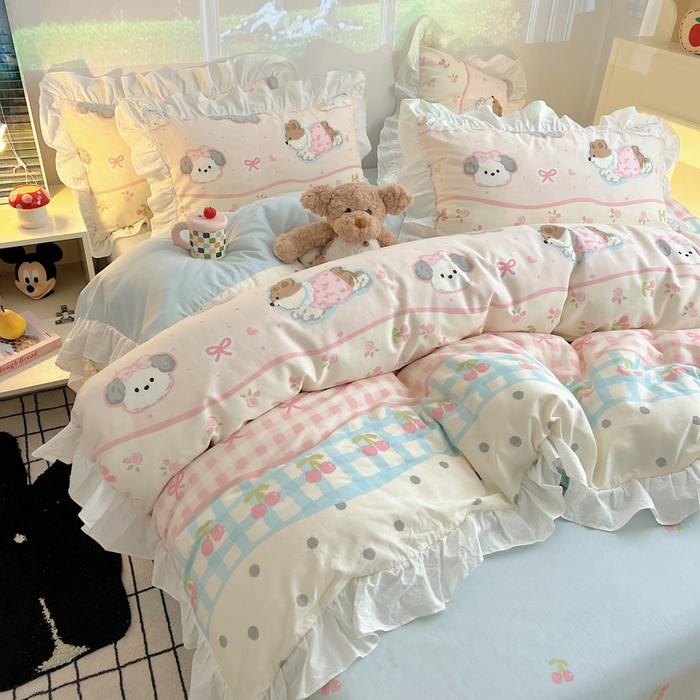 91家纺网 家纺一手货源 找家纺 （总）六巷胡同 2026春夏新款韩式INS减龄花边款全棉卡通四件套