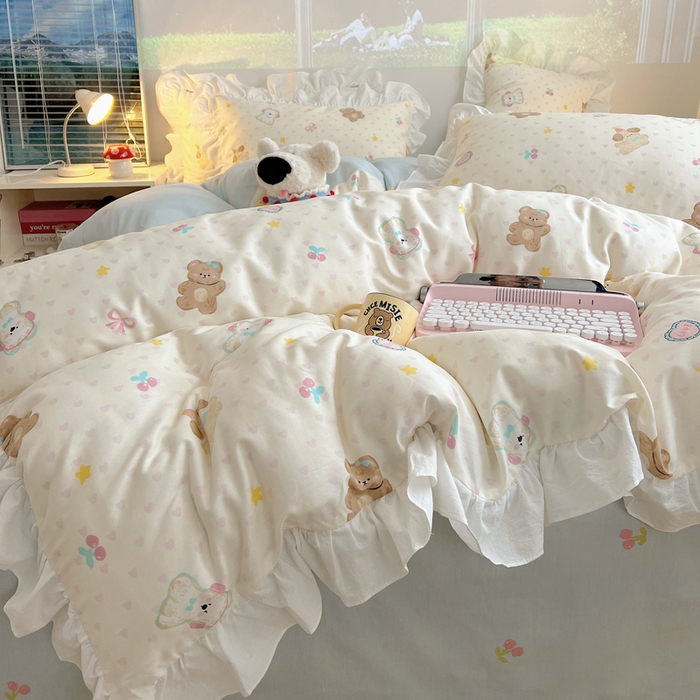 91家纺网 家纺一手货源 找家纺 （总）六巷胡同 2026春夏新款韩式INS减龄花边款全棉卡通四件套