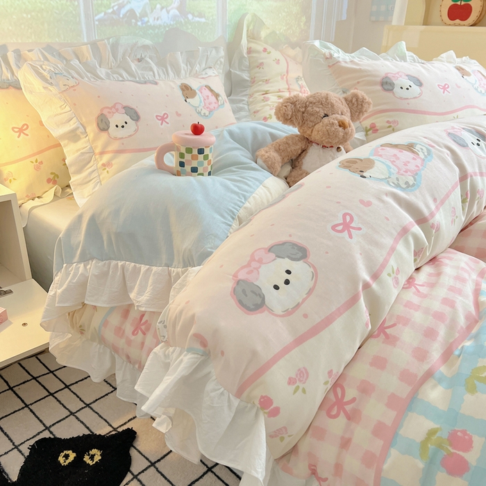 91家纺网 家纺一手货源 找家纺 六巷胡同 2026春夏新款韩式INS减龄花边款全棉卡通四件套 花边洋气柯基崽