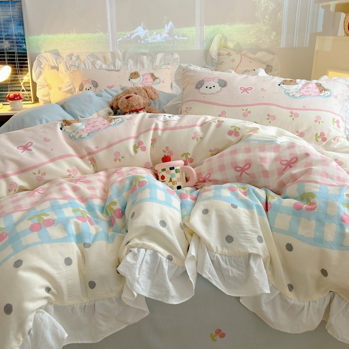 91家纺网 家纺一手货源 找家纺 六巷胡同 2026春夏新款韩式INS减龄花边款全棉卡通四件套 花边洋气柯基崽