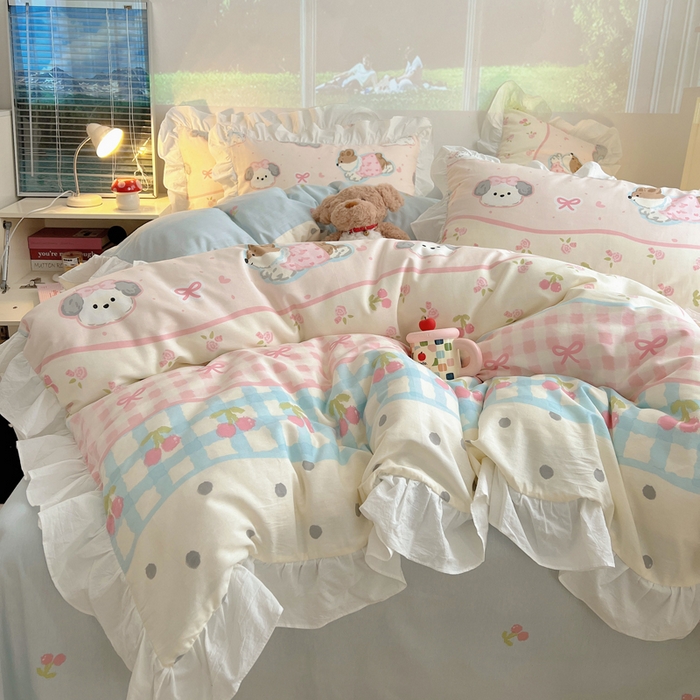 91家纺网 家纺一手货源 找家纺 六巷胡同 2026春夏新款韩式INS减龄花边款全棉卡通四件套 花边洋气柯基崽