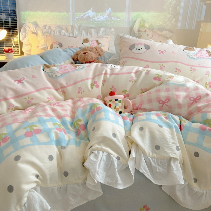 91家纺网 家纺一手货源 找家纺 六巷胡同 2026春夏新款韩式INS减龄花边款全棉卡通四件套 花边洋气柯基崽