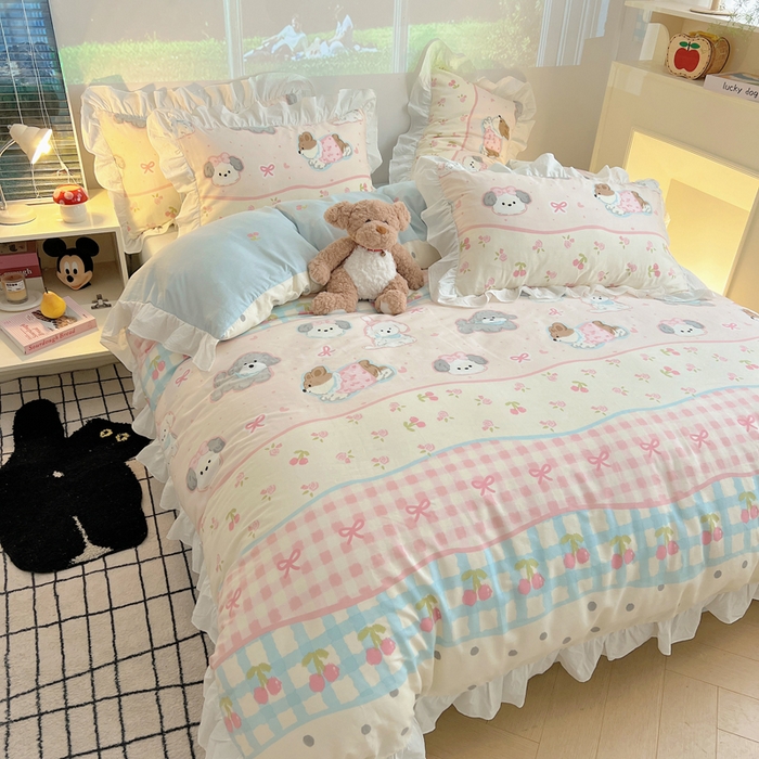 91家纺网 家纺一手货源 找家纺 六巷胡同 2026春夏新款韩式INS减龄花边款全棉卡通四件套 花边洋气柯基崽