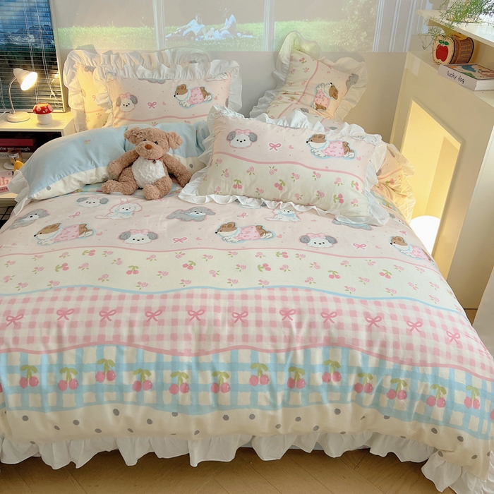 91家纺网 家纺一手货源 找家纺 六巷胡同 2026春夏新款韩式INS减龄花边款全棉卡通四件套 花边洋气柯基崽