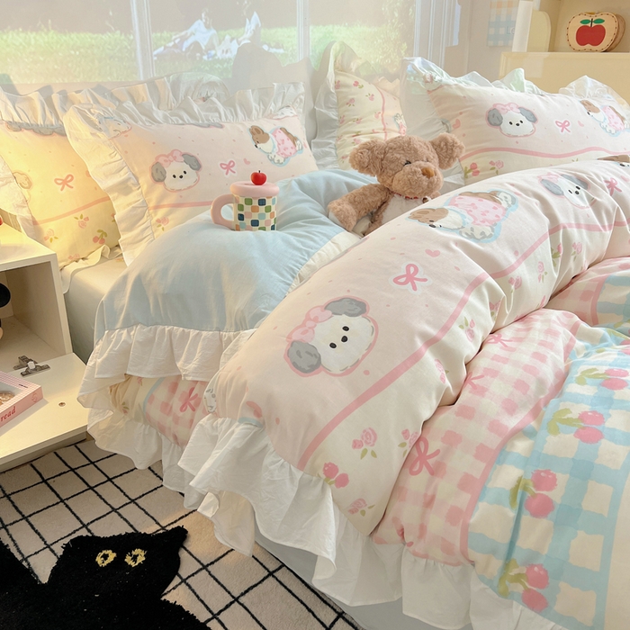 91家纺网 家纺一手货源 找家纺 六巷胡同 2026春夏新款韩式INS减龄花边款全棉卡通四件套 花边洋气柯基崽