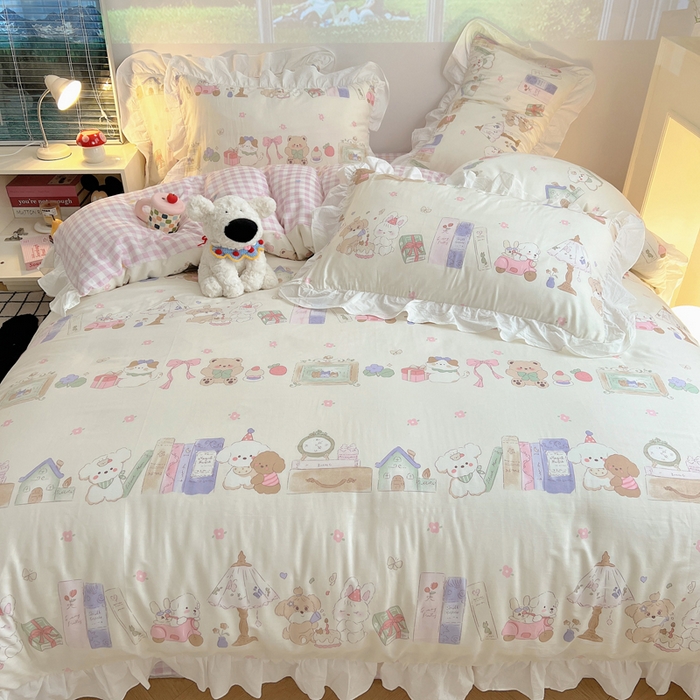 91家纺网 家纺一手货源 找家纺 六巷胡同 2026春夏新款韩式INS减龄花边款全棉卡通四件套 花边欢乐课堂趴