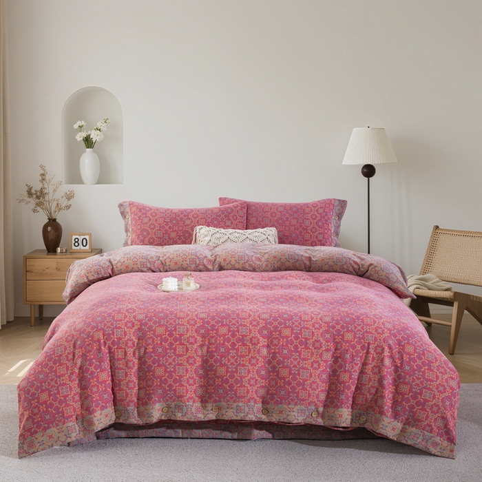 仰望棉麻双层纱供应链 2025新款全棉色织提花四件套-四叶草纽扣款 四叶草-粉