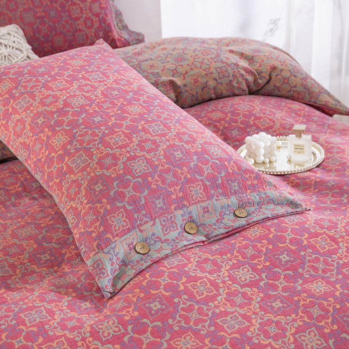 91家纺网 家纺一手货源 找家纺 仰望棉麻双层纱供应链 2025新款全棉色织提花四件套-四叶草纽扣款 四叶草-粉