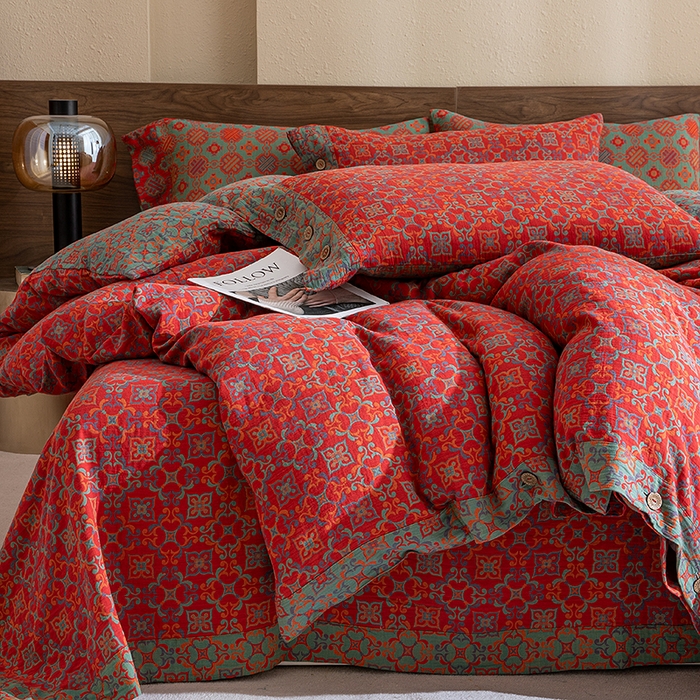 91家纺网 家纺一手货源 找家纺 仰望棉麻双层纱供应链 2025新款全棉色织提花四件套-四叶草纽扣款 四叶草-红