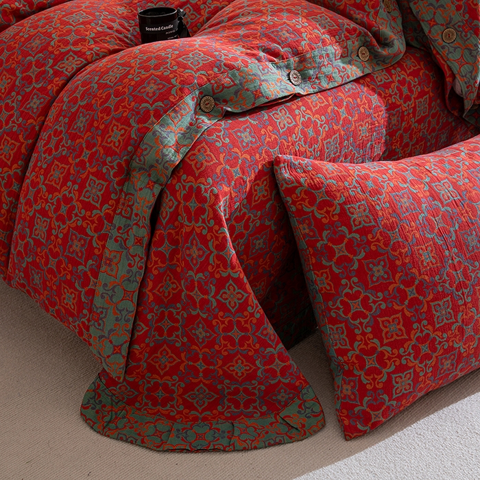 91家纺网 家纺一手货源 找家纺 仰望棉麻双层纱供应链 2025新款全棉色织提花四件套-四叶草纽扣款 四叶草-红